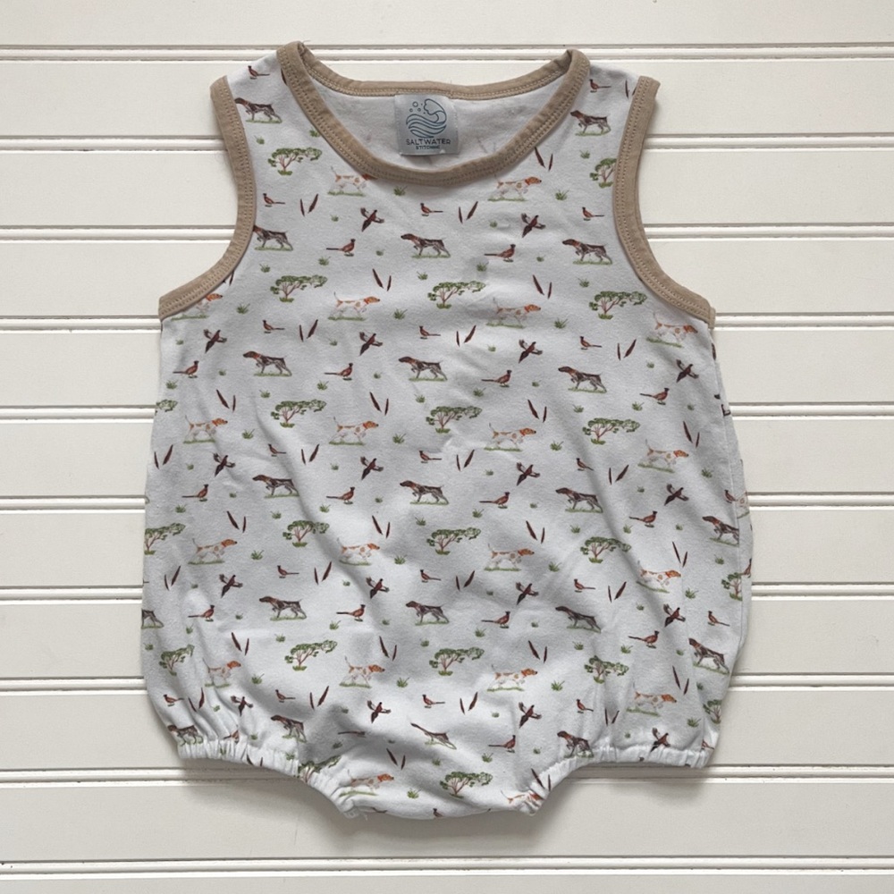 SALTWATER STITCHING EUC Boys Southern Pointer Hunting Dog Bubble Romper